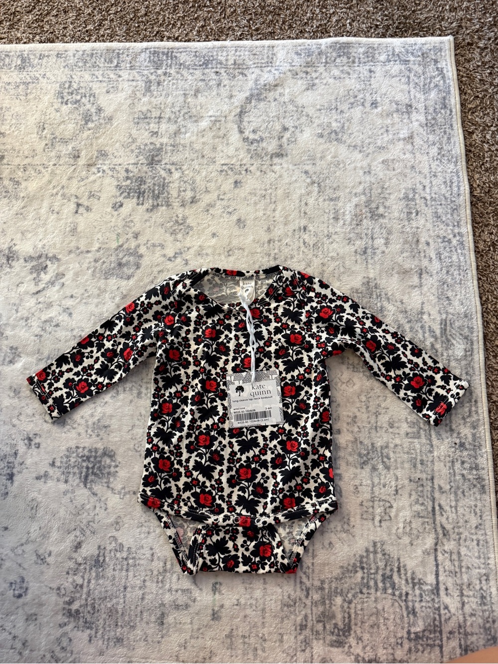 kate quinn Black, Red & White Floral Long Sleeve Baby Bodysuit
